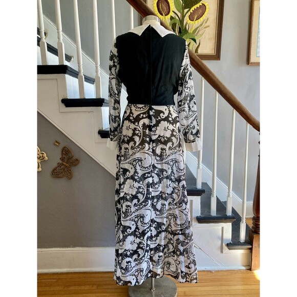 VOLUP 1970s Black And White Psychedelic Paisley Maxi Dress Hostess Pinup - Picture 9 of 15
